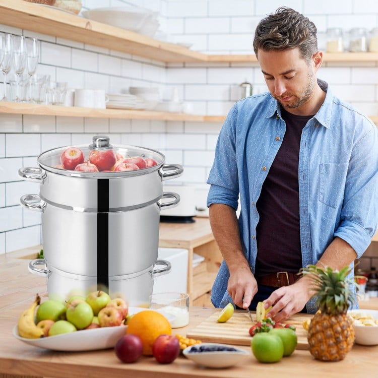 11-quart stainless steel fruit juicer steamer with apples, ideal for making fresh juice and convenient for all cooktops.