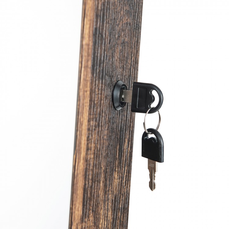 Close-up of the lock and key on the 47-inch rustic brown lockable jewelry cabinet armoire with LED lights.