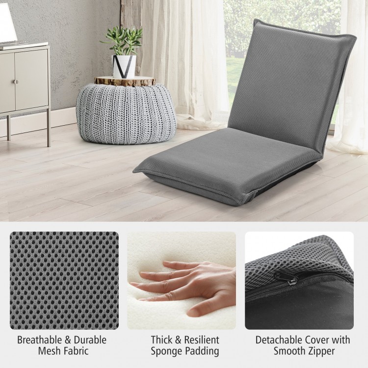Adjustable gray floor chair with thick sponge padding, featuring six positions for versatile comfort in any room.