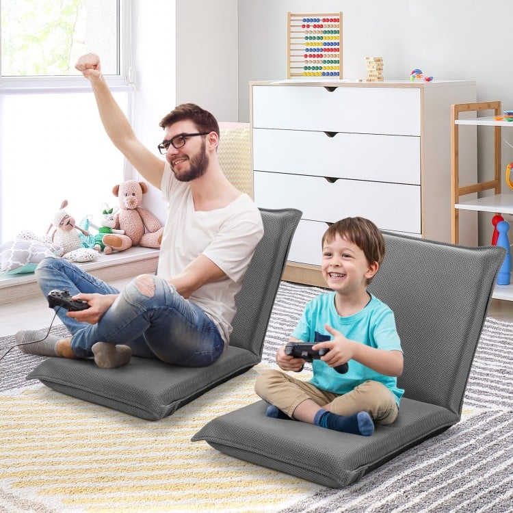 Adjustable gray floor chair in 6 positions, perfect for gaming, reading, or relaxing in any room.