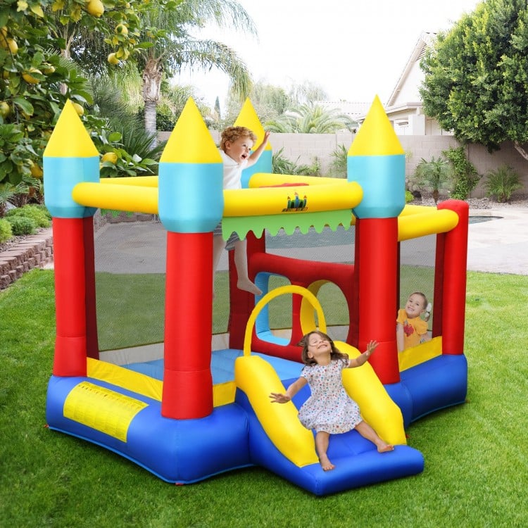 Inflatable bounce slide jumping castle with dual jumping areas, slide, and colorful ocean balls for outdoor fun.