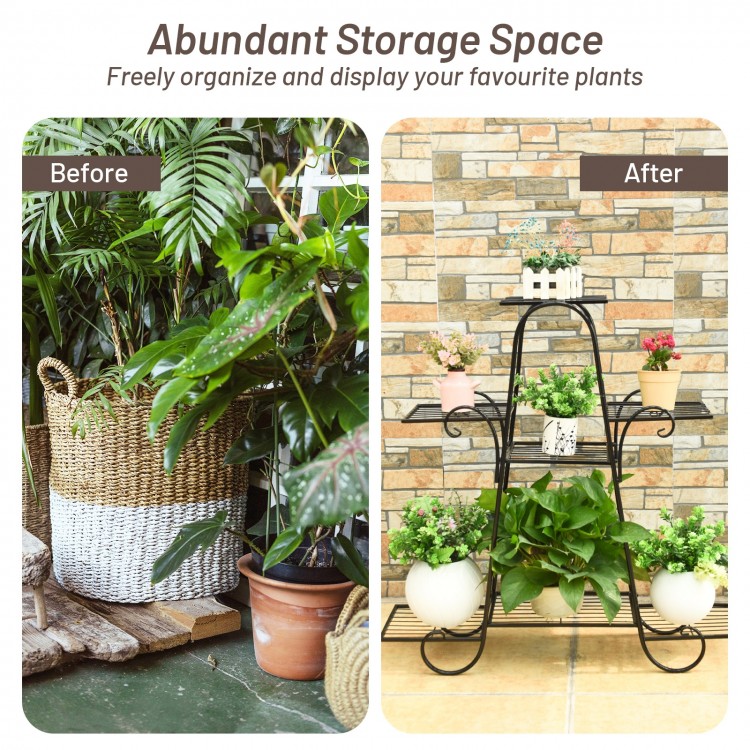 7-tier metal patio plant stand with a classic design, showcasing plants and preventing water accumulation for versatile.