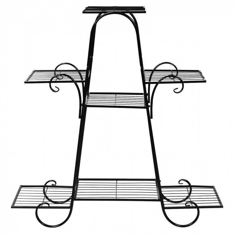 7-tier metal patio plant stand viewed from the front, featuring a durable iron structure and elegant design for plant.