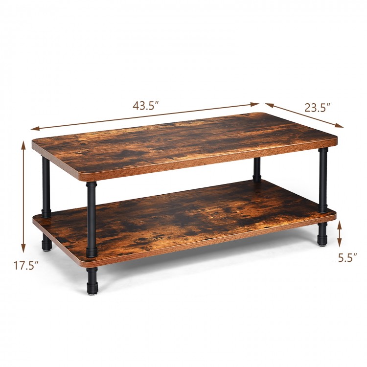 Industrial vintage coffee table with a rustic brown top and black steel legs, featuring a 2-tier design for ample.