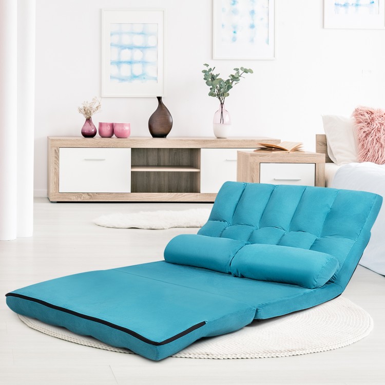 Blue foldable floor lounge couch with adjustable backrest, offering 6 positions for versatile comfort and relaxation.
