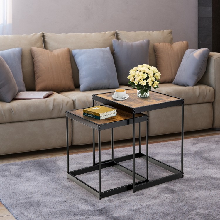 Set of 2 rustic brown nesting end tables with metal legs, perfect for living room use and easy storage.