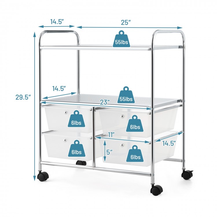 Rolling storage cart with 4 big drawers and 2 mesh shelves, steel frame, ideal for kitchen or office organization.