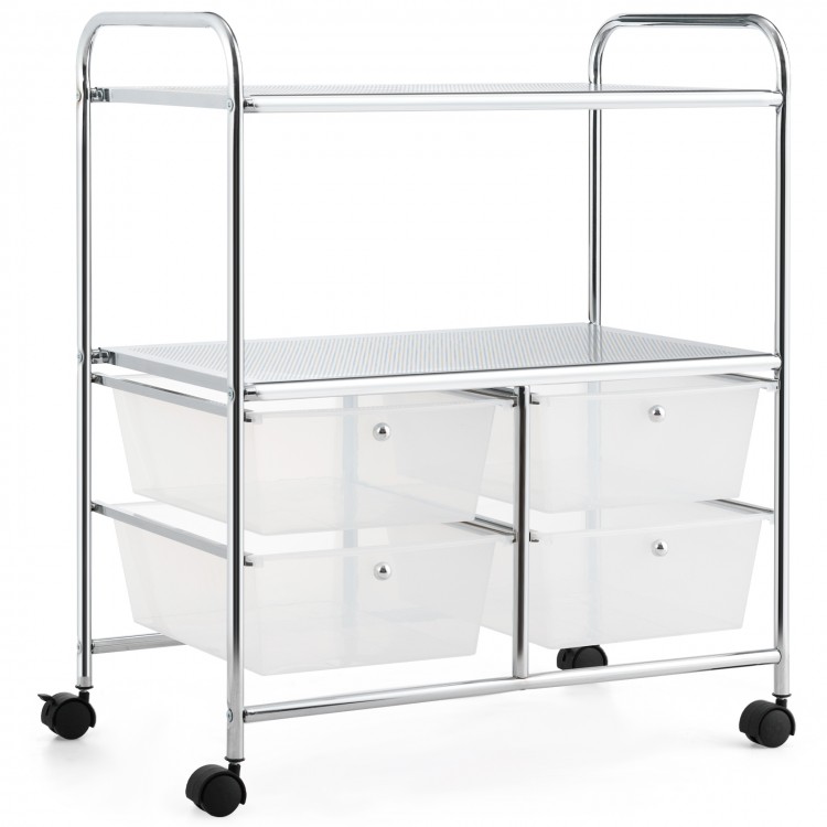 Rolling storage cart with 4 big drawers and 2 metal mesh shelves, ideal for kitchen or office organization.