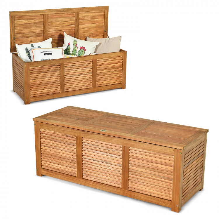 Acacia wood storage bench box with flip-top lid, offering 46 gallons of space for cushions and tools, perfect for.