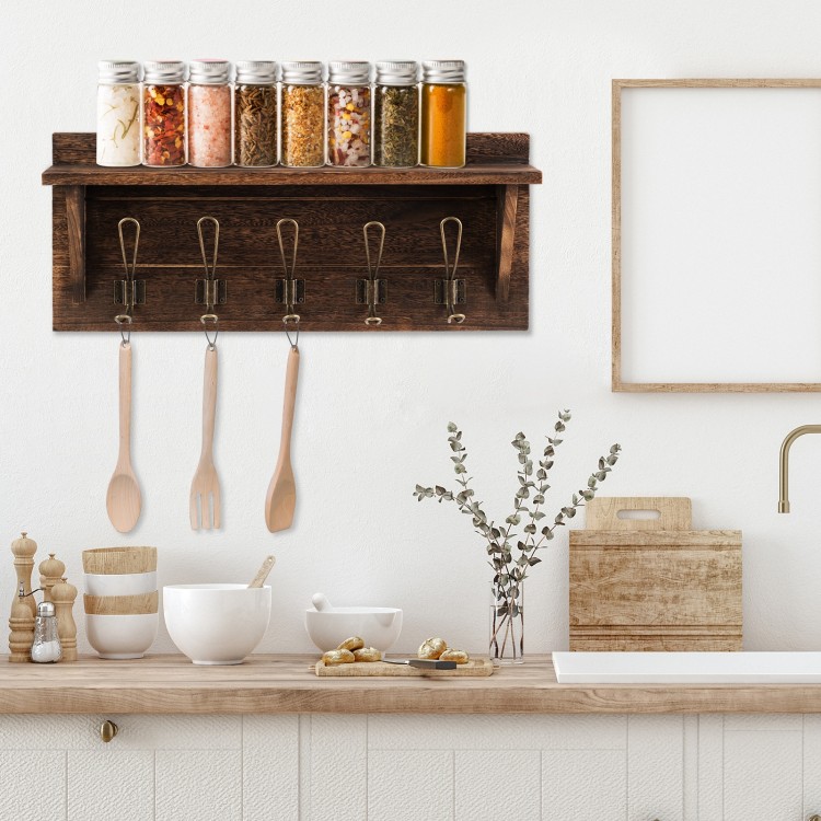 Rustic wooden wall-mounted entryway shelf in brown with five metal hooks and upper storage for coats and small items.