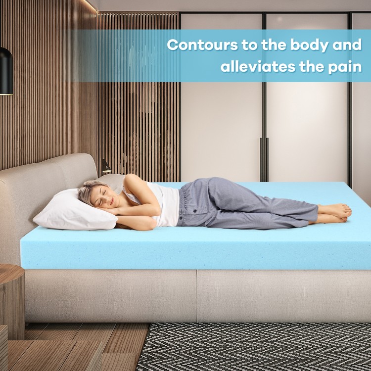 Gel-infused 3-inch mattress topper contours to the body, relieving pain and enhancing sleep quality for restful nights.