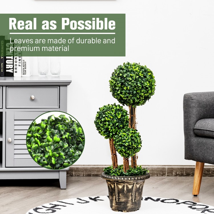 30-inch artificial topiary triple ball tree with realistic PE leaves and cement-filled pot, perfect for indoor and.