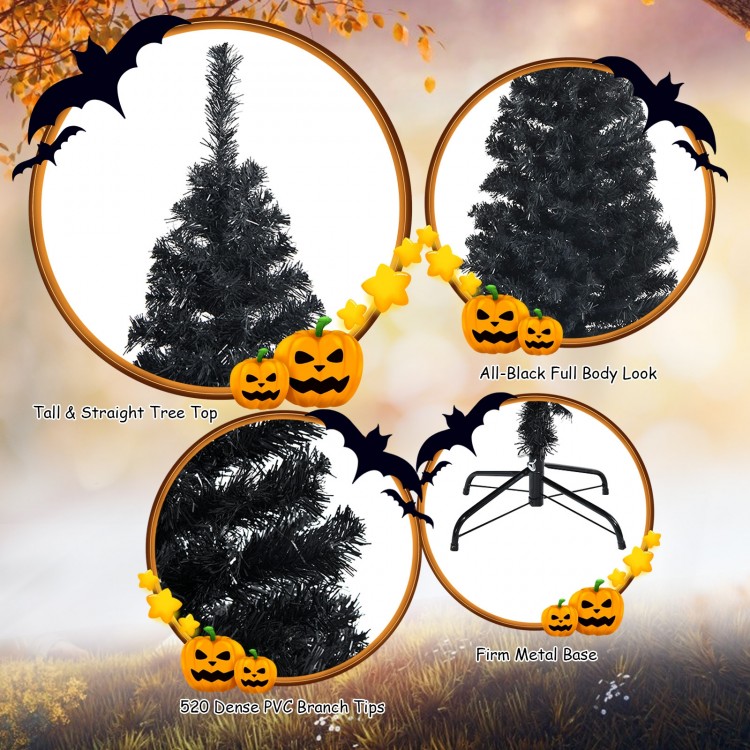 Black 6-foot artificial pencil tree with 520 branch tips and a sturdy metal stand, perfect for Halloween decorations.