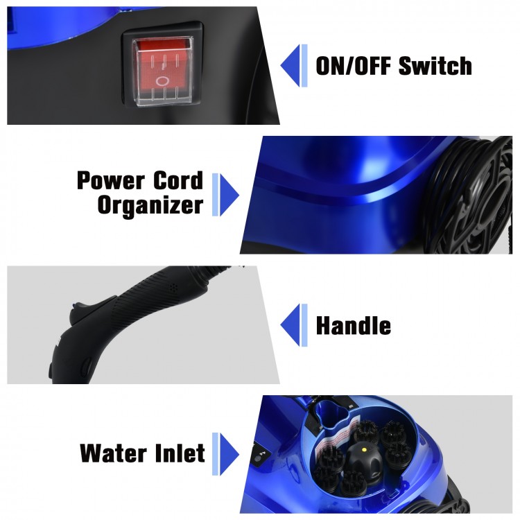 ON/OFF switch, power cord organizer, handle, and water inlet of the 2000W blue steam cleaner mop for versatile cleaning.