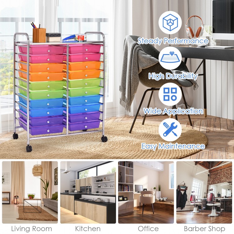 Colorful 20-drawer rolling cart with metal frame and wheels, ideal for organizing art supplies and office tools.