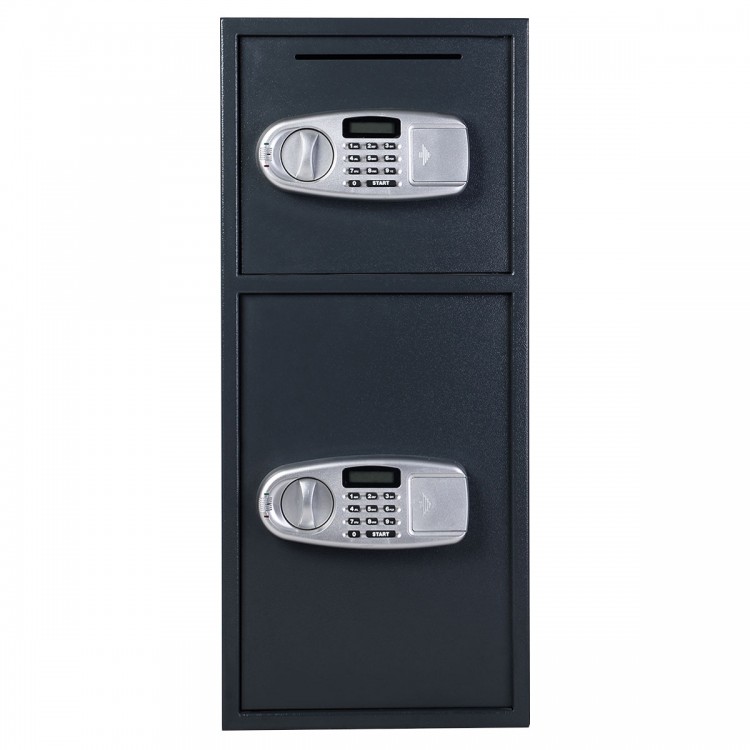 Digital safe box with two doors, featuring programmable electronic locks and a deposit slot for secure storage.