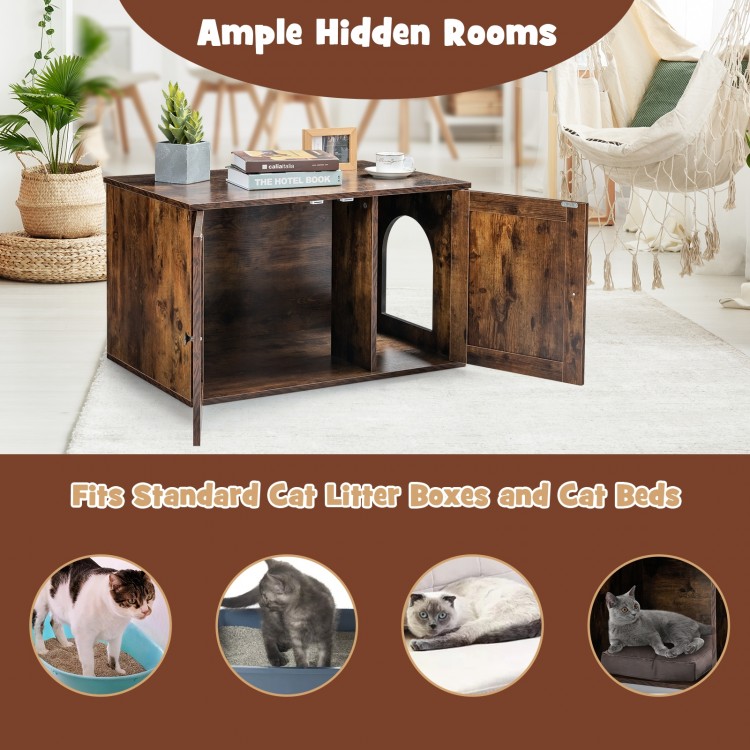 Wooden hidden cabinet cat furniture with a side entryway, perfect for litter boxes and storage, featuring a retro.