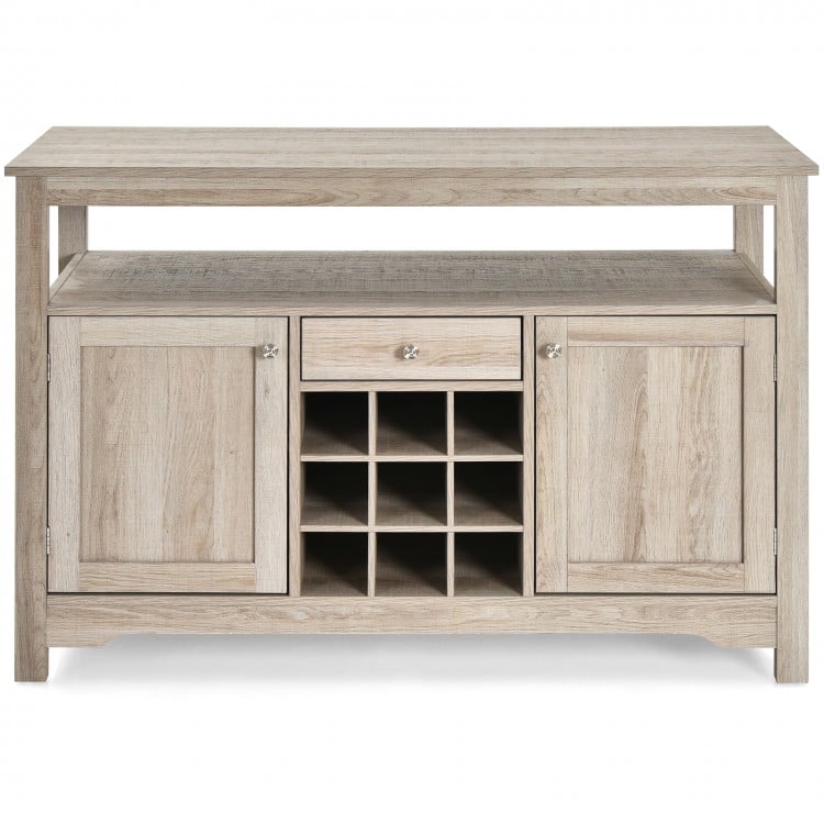 Buffet server sideboard in gray with wine grid, spacious drawer, and adjustable cabinets for versatile storage.
