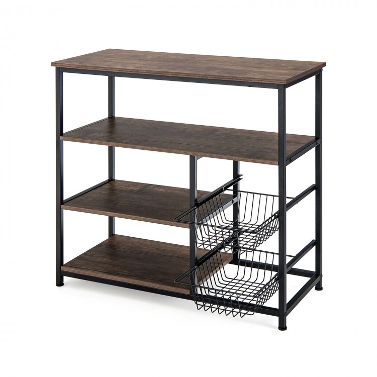 4-tier industrial kitchen baker's rack in rustic brown with 2 wire baskets for versatile storage and organization.