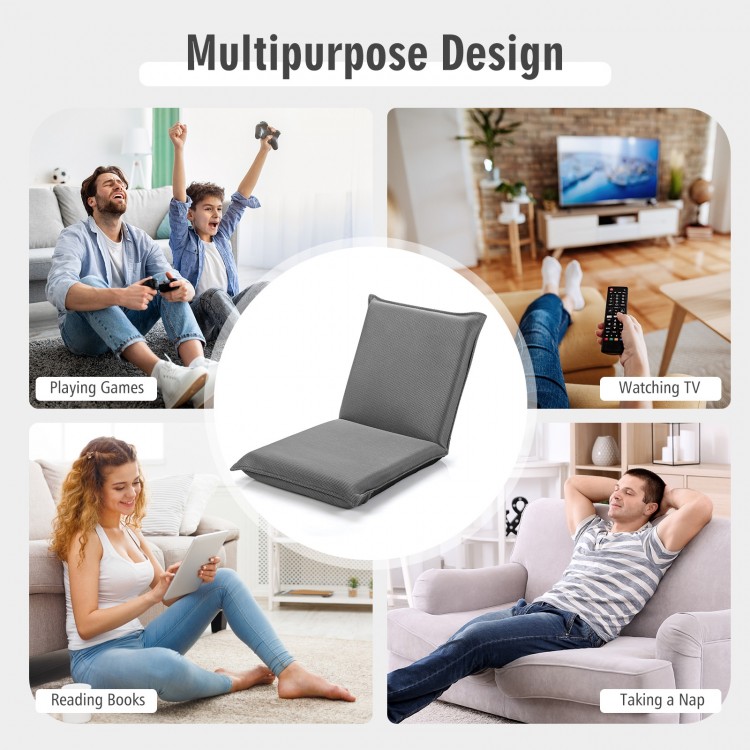Adjustable gray folding lazy man sofa chair in 6 positions, ideal for reading, gaming, or watching TV in any room.