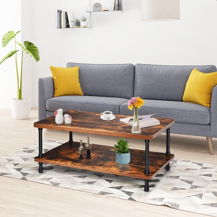 Industrial vintage coffee table with a rustic brown top and black steel legs, featuring a 2-tier storage shelf for.