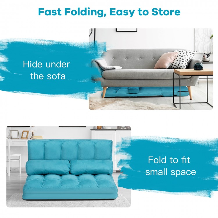 Blue foldable floor sofa with 6 adjustable positions, perfect for small spaces or under a couch for versatile.