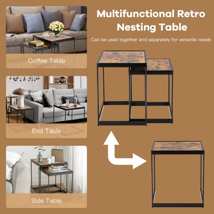 Set of 2 rustic brown nesting tables with metal legs, ideal for versatile use in living room or office spaces.