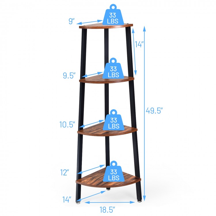 4-tier corner shelf with brown chipboard and metal, measuring 49.5" tall, ideal for compact spaces and versatile.