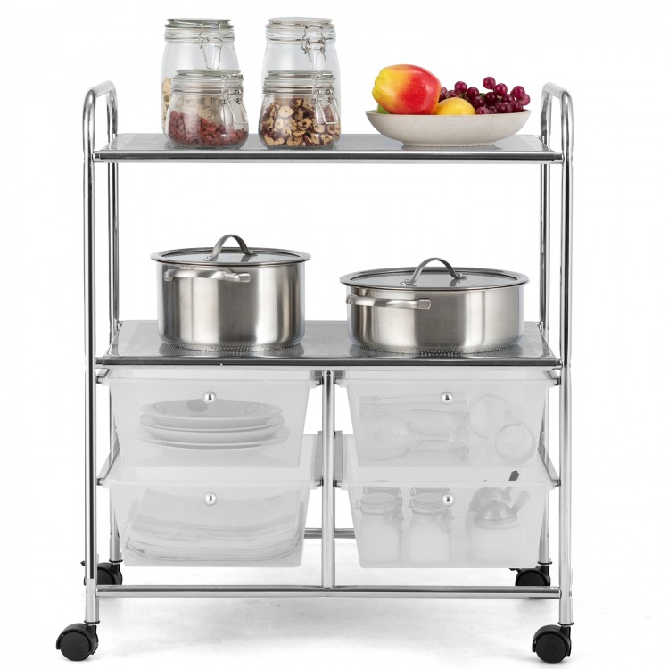 Close-up view of the rolling storage cart's 4 big drawers with round knobs, perfect for efficient kitchen and living.