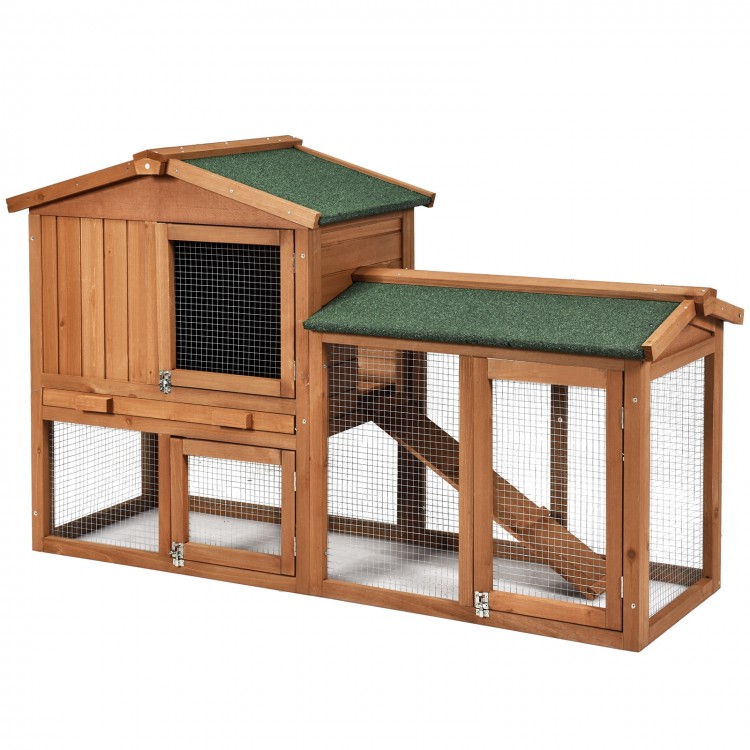 Spacious 58-inch wooden rabbit hutch with upstairs design, ramp, and lockable doors for small pets, suitable for.