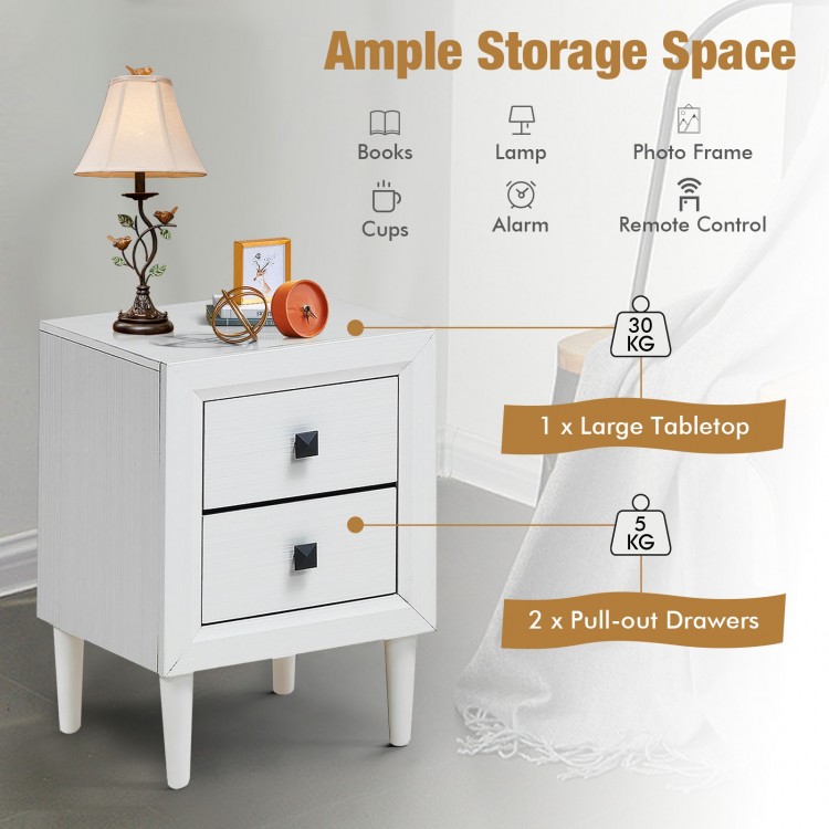 White retro bedside nightstand with two pull-out drawers and a large tabletop for decor, perfect for space-saving.