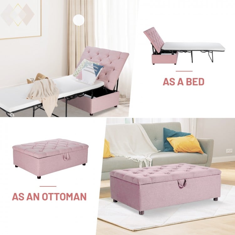 Folding ottoman sleeper bed in pink, shown as a bed and ottoman, featuring a soft mattress for versatile use.