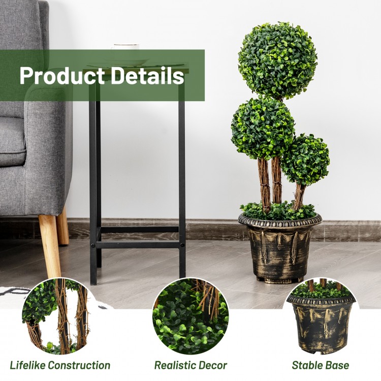 30-inch artificial topiary triple ball tree with realistic PE leaves and stable cement-filled pot for indoor and.
