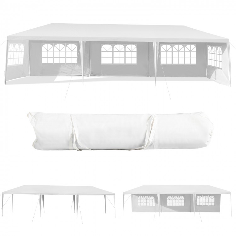 10 x 30 feet canopy tent with 5 removable sidewalls, sturdy steel frame, ideal for outdoor parties and weddings.