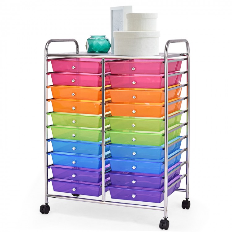 Colorful 20-drawer rolling cart with chrome metal frame, ideal for organizing art supplies and office essentials.