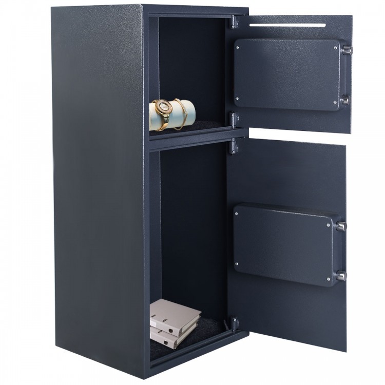 Digital safe box with two doors, solid steel construction, programmable lock, and easy-access deposit slot for security.