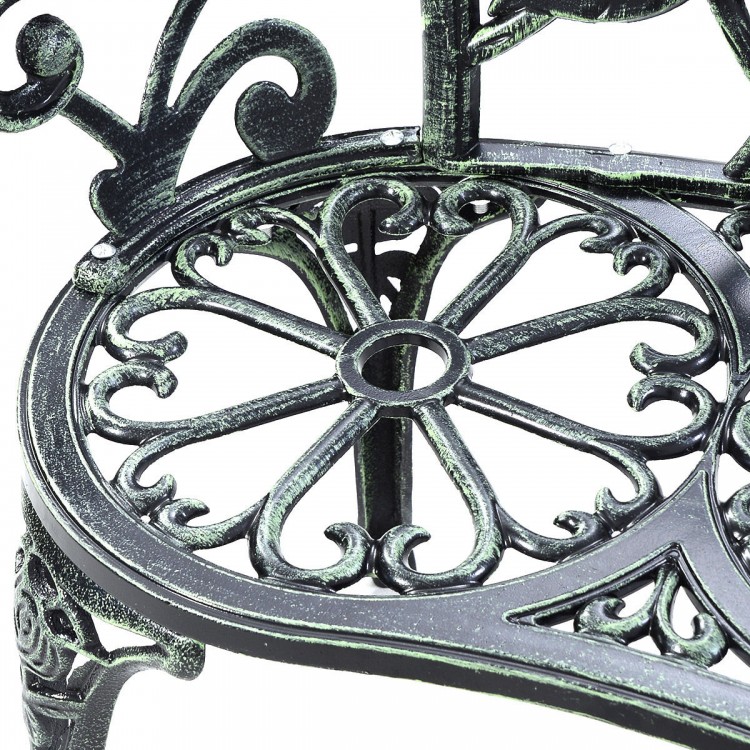 Close-up of the antique rose cast aluminum patio bench showcasing intricate design details for outdoor relaxation.