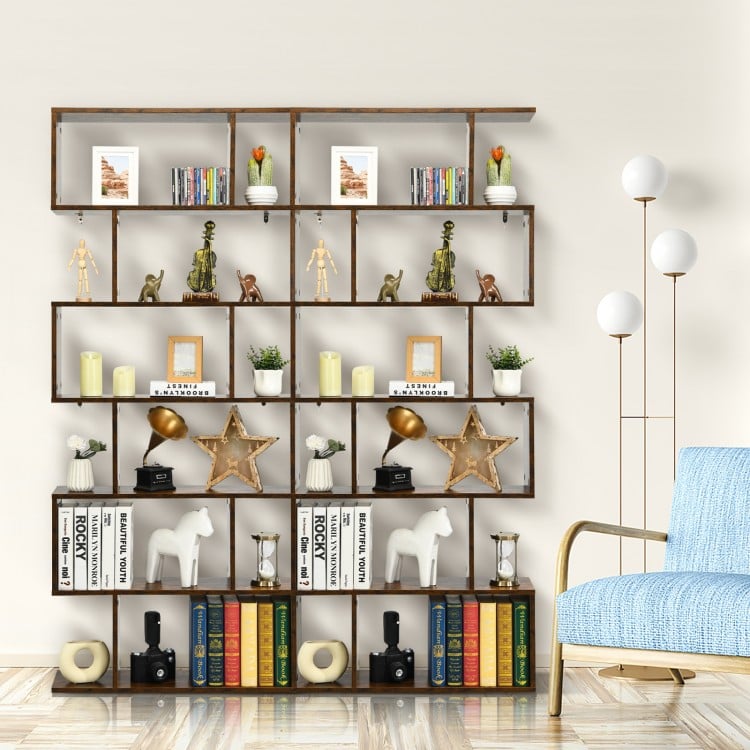 S-shaped 6-tier bookshelf in coffee color, featuring spacious open compartments for books and decor, ideal for modern.