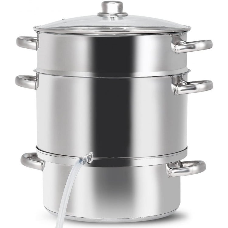 11-quart stainless steel fruit juicer steamer with tempered glass lid and loop handles, ideal for making fresh juice.