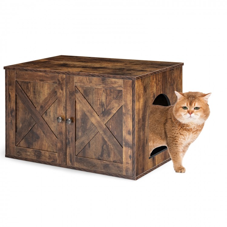 Wooden hidden cabinet cat furniture with a side entry, designed for litter box use and storage, featuring a retro barn.