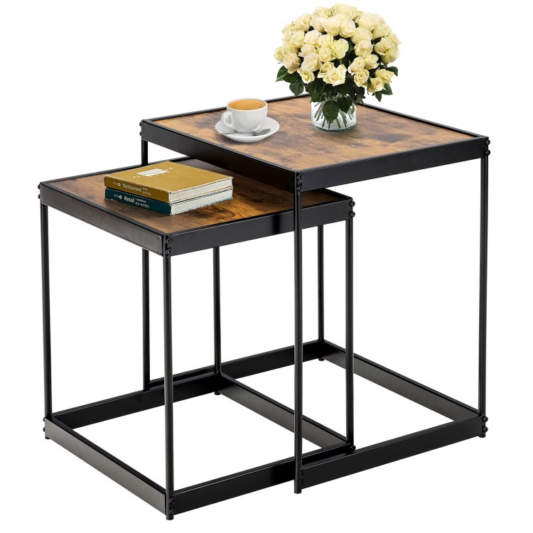 Set of 2 rustic brown nesting end tables with metal legs, perfect for living room or office use and easy to store.