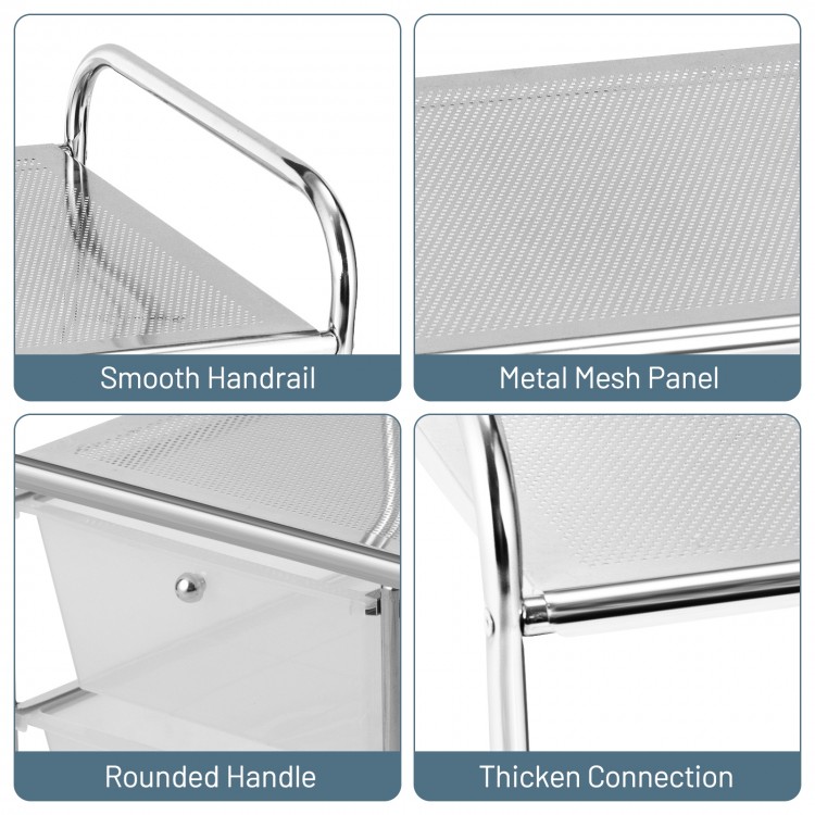 Rolling storage cart with 4 big drawers and 2 metal mesh shelves, featuring a sturdy steel frame and smooth handrail.