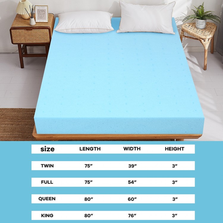 3-inch gel-infused cooling mattress topper in blue, designed for comfort and pressure relief, fits 75 x 39 inch beds.