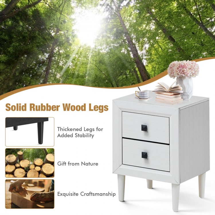 White retro bedside nightstand with two drawers and solid rubber wood legs, perfect for space-saving storage and decor.