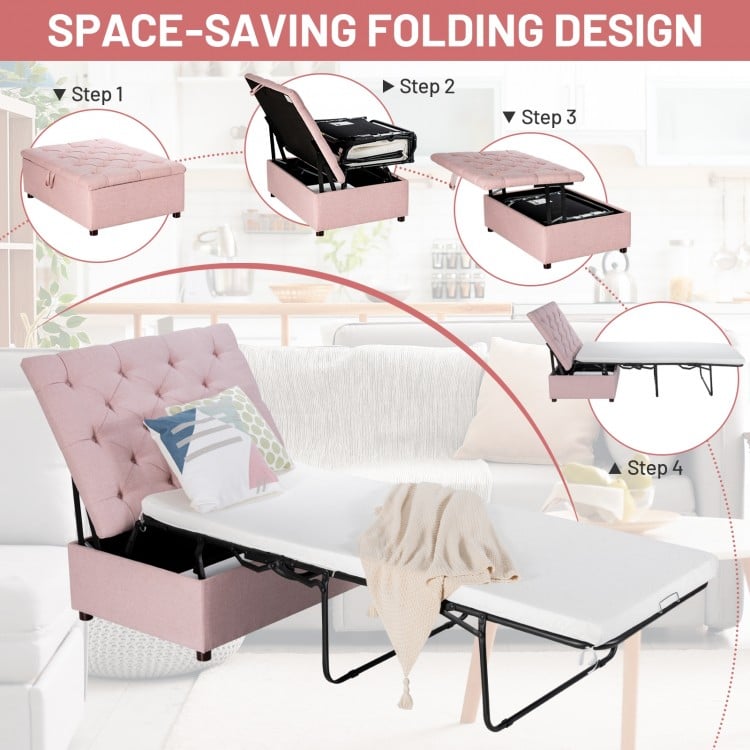 Folding ottoman sleeper bed in pink with thick mattress, showcasing space-saving design for versatile use as bed or.