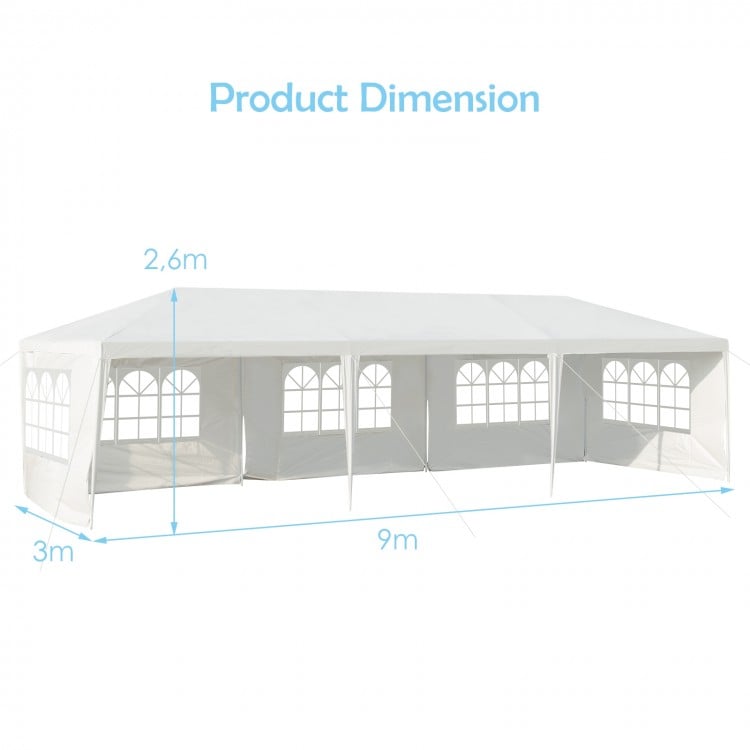 Large 10 x 30 feet canopy tent with 5 removable sidewalls, ideal for outdoor parties and weddings, shown with.