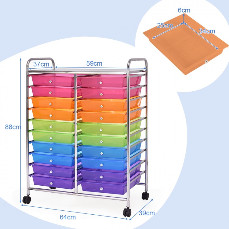 Multicolor 20-drawer rolling cart showcasing removable drawers and sturdy metal frame, perfect for classroom or studio.