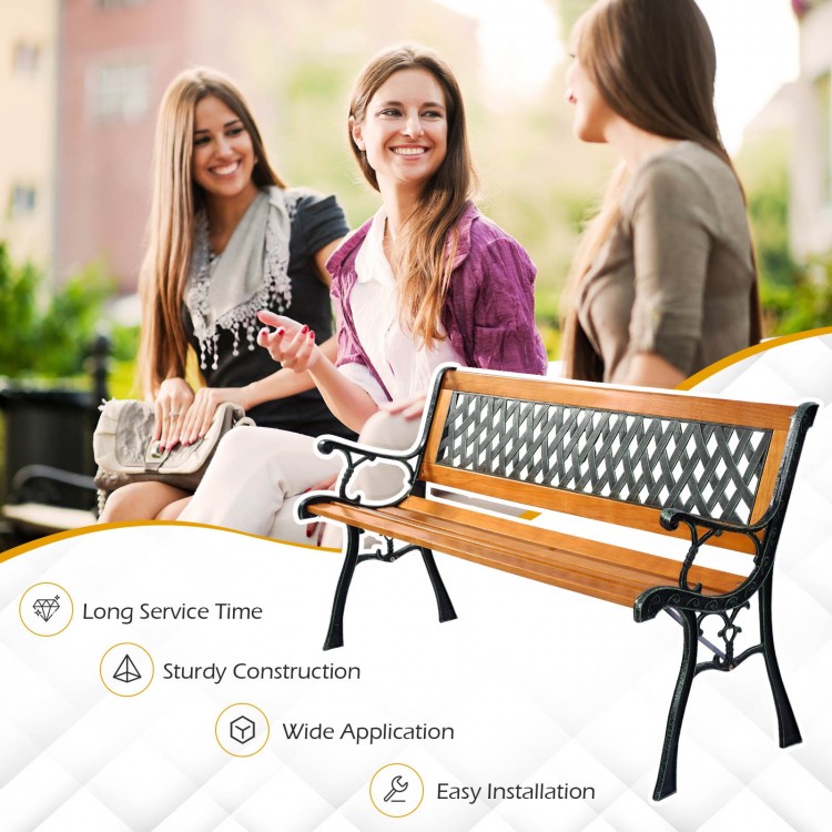 Outdoor cast iron patio bench with solid wood seat, sturdy construction, and easy installation for comfortable seating.
