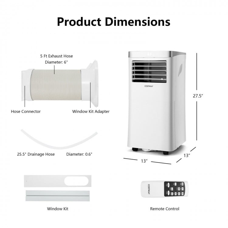 Portable 8000 BTU air conditioner with remote control, window kit, and exhaust hose for efficient cooling and moisture.
