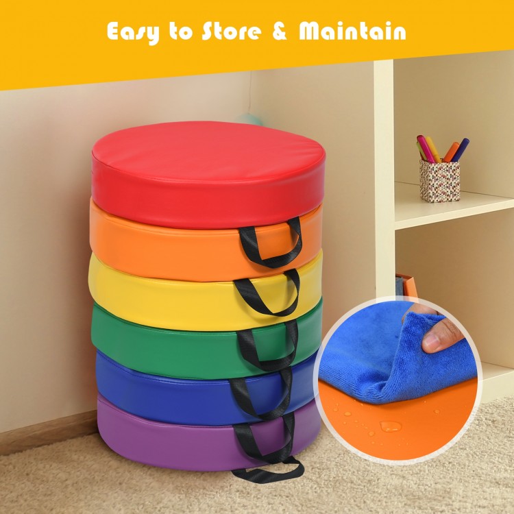 Stack of six colorful 15-inch round toddler floor cushions made of waterproof PU and EPE, ideal for kids' comfort and.